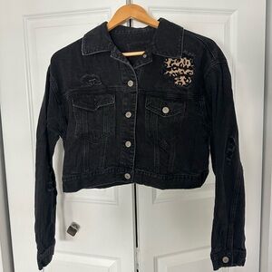 Forever 21 Black Denim Jacket with Leopard Details